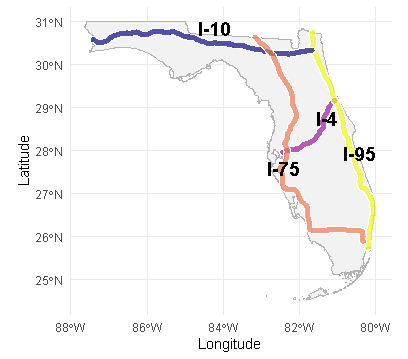 Map showing major interstate highways in Florida, including I-4, I-10, I-75, and I-95