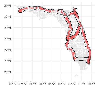 Map showing how Florida's population is spread across Florida's freight corridors. The spread of the population is shown by US Census tract.